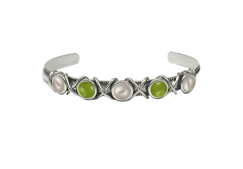 Sterling Silver Cuff Bracelet With Cultured Freshwater Pearl And Peridot